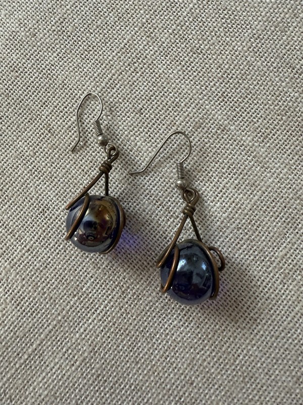 Mystical Blue Dangling Copper Wire Earrings