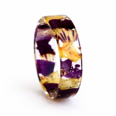 Pressed Flower Resin Ring, Real Orchid Narcissus Band, Botanical Jewelry