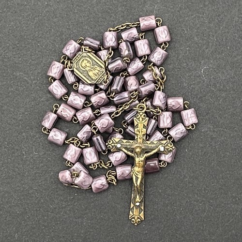 5 DECADE rosary Czech glass purple beads w/ Sacred Heart design - brass crucifix