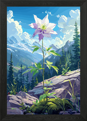 Columbine Blume in Berglandschaft gerahmtes Wandbild Poster Leinwanddruck Bild
