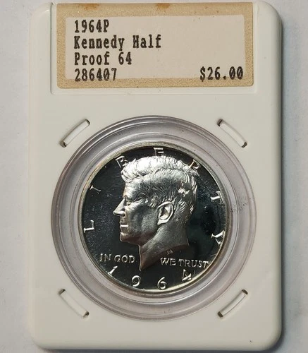 1964 Cameo Proof Kennedy Half Dollar, Vintage Hannes Tulving Holder, Slb-6430C