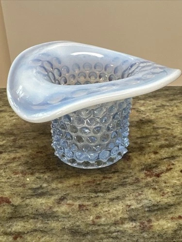 Vintage Fenton Blue Opalescent Hobnail Top Hat Toothpick Holder, Art Glass