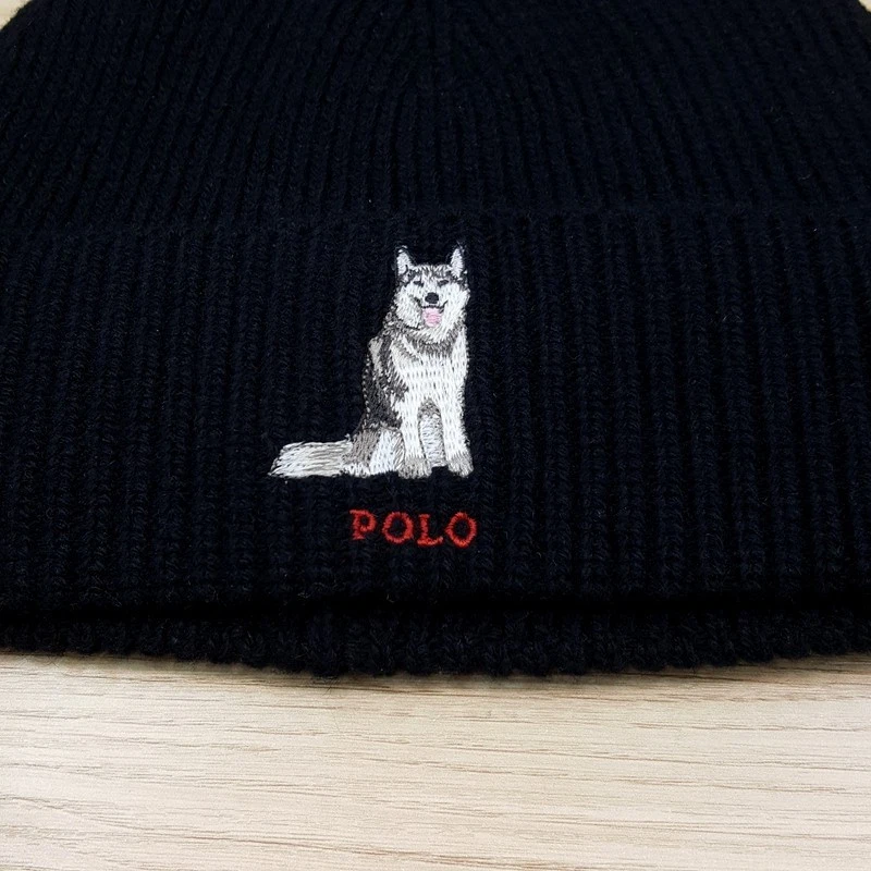 POLO RALPH LAUREN Hombre Gorro Negro Acanalado Puño Husky Perro Logo Foto 2 de 4