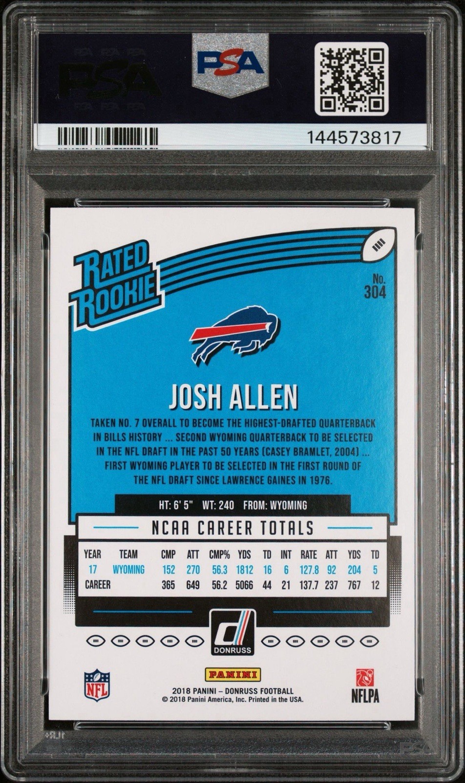2018 Panini Donruss Rated Rookie Josh Allen #304 (RC) PSA 10 view 2
