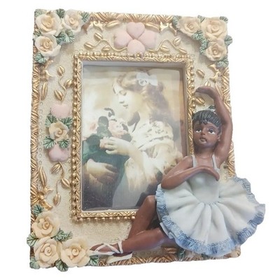 VTG Little Ballerina Picture Frame Dancer 3D Floral Resin 3.25x2.25 Ballet Decor