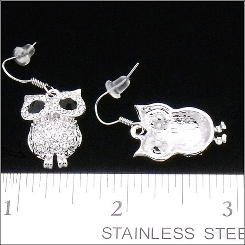 Night Owl Bird Drop Dangle Earrings Costume Jewelry Crystal Clear Black New 43 - Picture 2 of 3