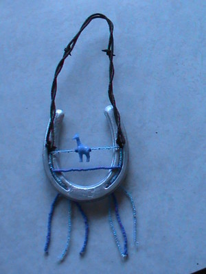Decorated Pony Shoe & Old TX Barb Wire, Hand Beaded with Blue Giraffe  