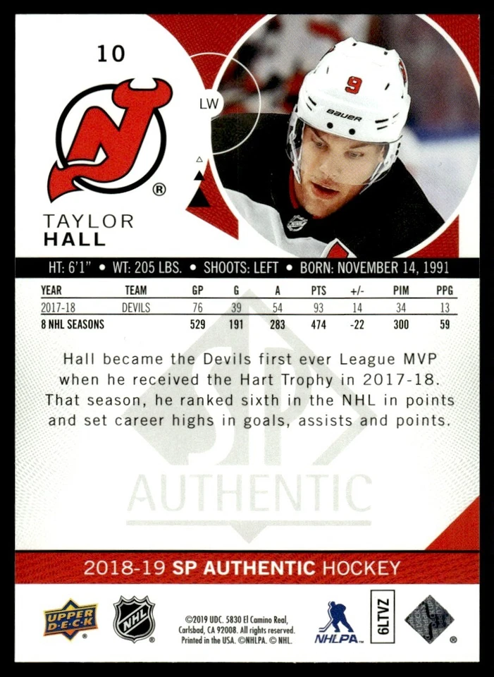 2018-19 SP Authentic Limited Red Taylor Hall New Jersey Devils #10 . - Image 2 of 2