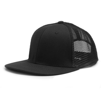Baseballmütze Kappe schwarz einfarbig unbedruckt Netz flacher Schirm Druckknopflasche Trucker