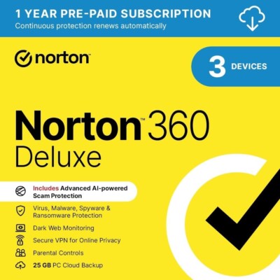 Norton 360 Deluxe   3 Devices | 1 Year + 25GB Cloud Storage (EU KEY)   