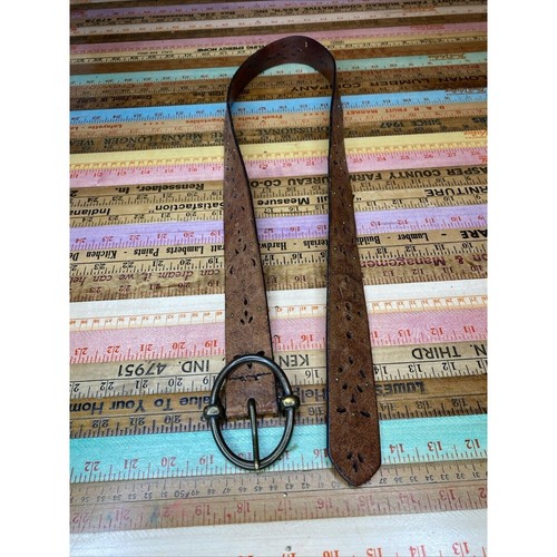 Vintage Womens Leather Brown Studded Boho Belt Gold Tone Buckle Cowgirl