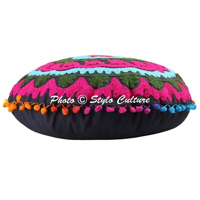 Cuscino Da Pavimento Rotondo Etnico Ricamato Suzani - 45 Cm, Nero/Rosso/Turchese, Con Pom Pom E Pizzo - 2