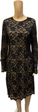 Karen Kane Tan Black Floral Long Sleeve Lace Overlay Sheath Midi Dress Sz  L
