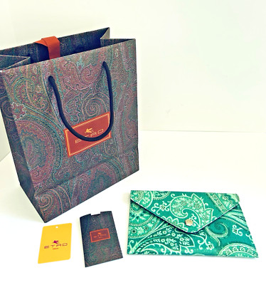 Etro Pouch Envelope Clutch Bag Green Etro Paisley Print Coated Fabric NWT