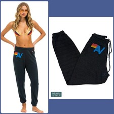 Aviator Nation Black Logo Sweatpants Rainbow Bolt Cozy Beachy Lounge XS
