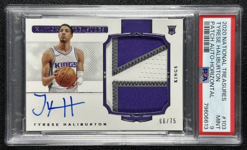 TYRESE HALIBURTON PSA 9 2020 NATIONAL TREASURES 103 HORIZONTAL PATCH AUTO RC /75