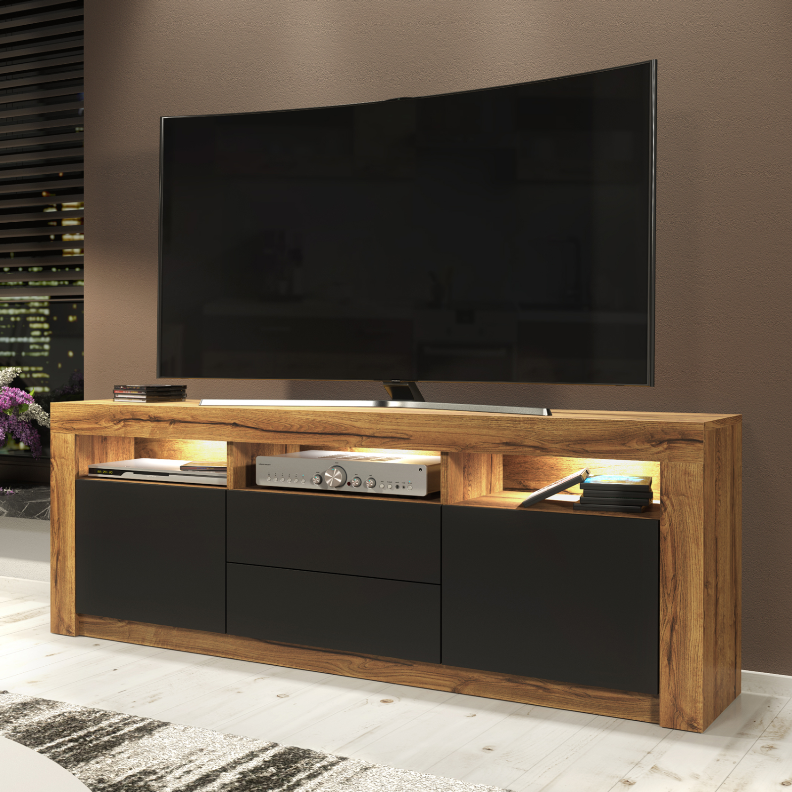 TV Unit TV Stand Sideboard Cabinet Black Matt Media Storage LED Unit 160cm