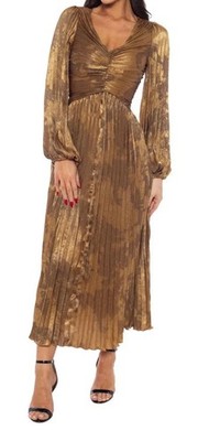 Marina Bronze Long Sleeve Pleated Dress
