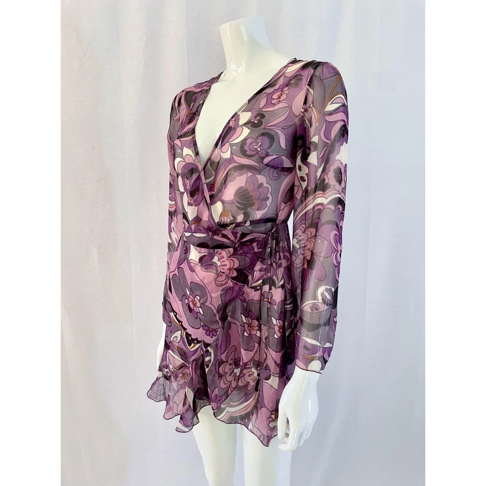 Robe portefeuille à fleurs violettes Indiska, mini robe transparente bohème... - Photo 2/4