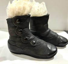 Vintage Pair Or Victorian Baby Shoes Ceramic Black Ivory Lace Attached