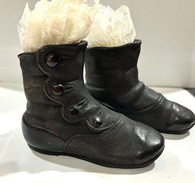 Vintage Pair Or Victorian Baby Shoes Ceramic Black Ivory Lace Attached