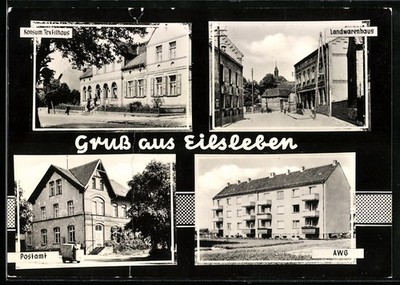 Postcard Eisleben, consumer textile house, country department store, post office, AWG 