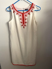Ann Taylor White Orange Embroidered Shift Dress 4 Sleeveless Knee Length