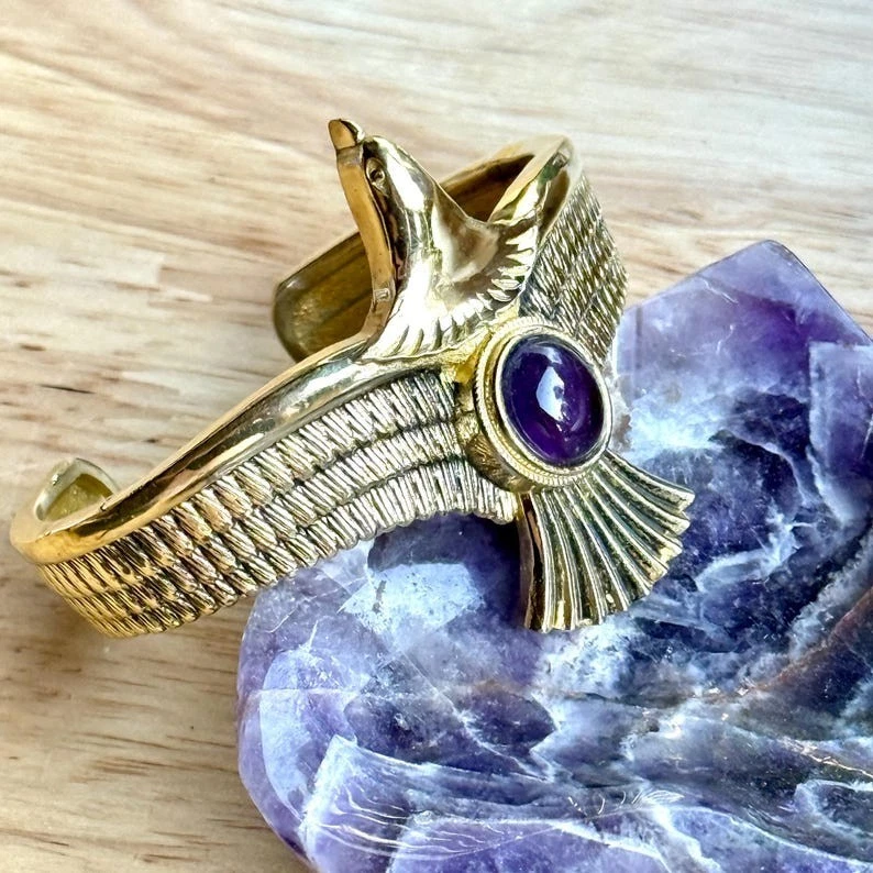 925 Silver&Gold Plated Eagle With Amethyst Gemstone Wildlife Unisex Cuff Bangle - Image 4 of 4