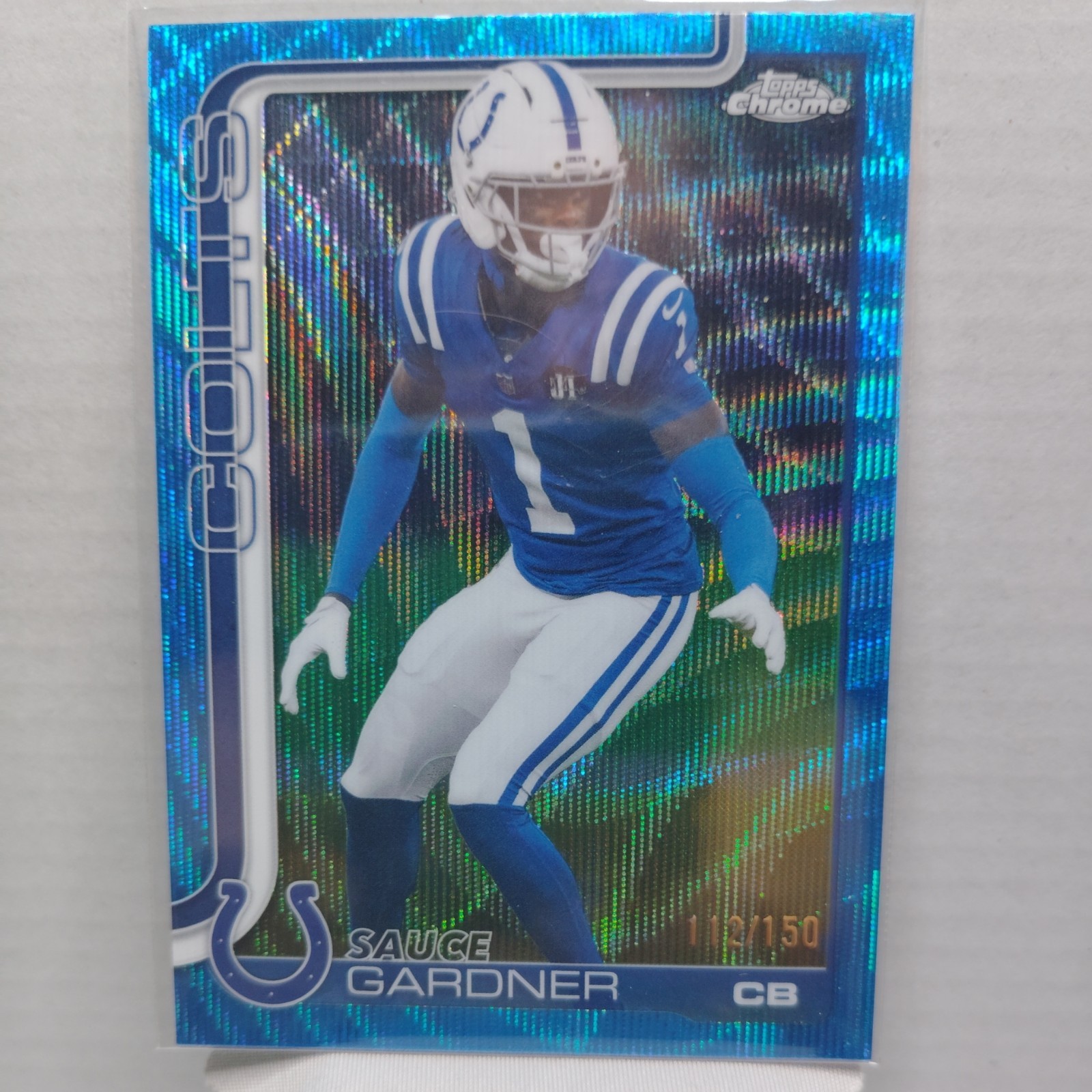 Ahmad Sauce Gardner 2025 Topps Chrome #242 Blue Wave Refractor #112/150 Colts.