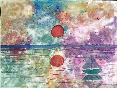 Sunset Over Lake Abstract Expressionist Original Watercolor Painting 9x12