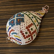 Vintage African Hand Beaded gourd with intricate beadwork symbols 6” L 