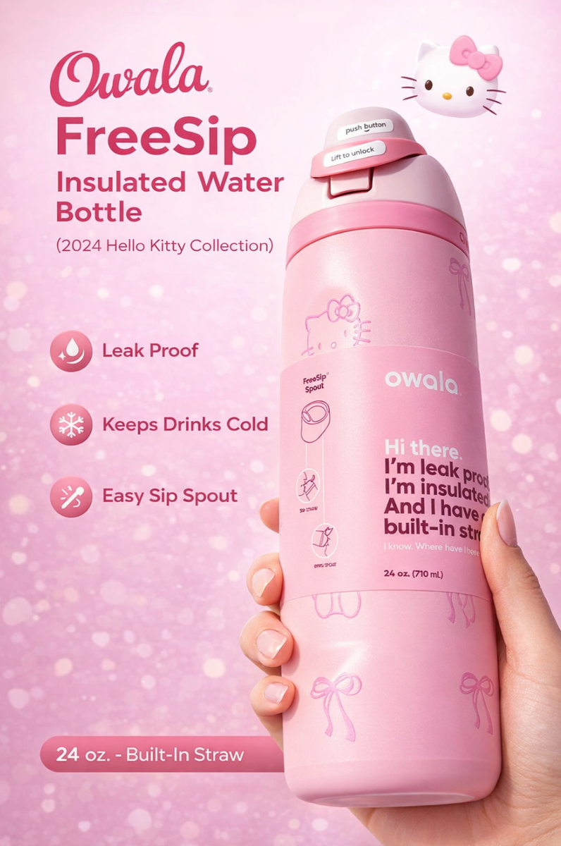 Owala x Hello Kitty 24oz FreeSip Water Bottle Pink Rose Quartz