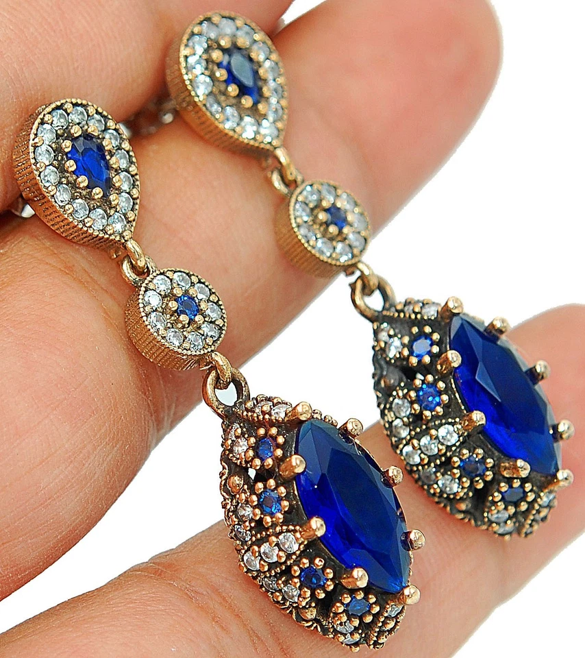 Ottoman Empire Style 8CT Treated Sapphire 925 Sterling Silver Earrings TB1 - Image 2 of 3