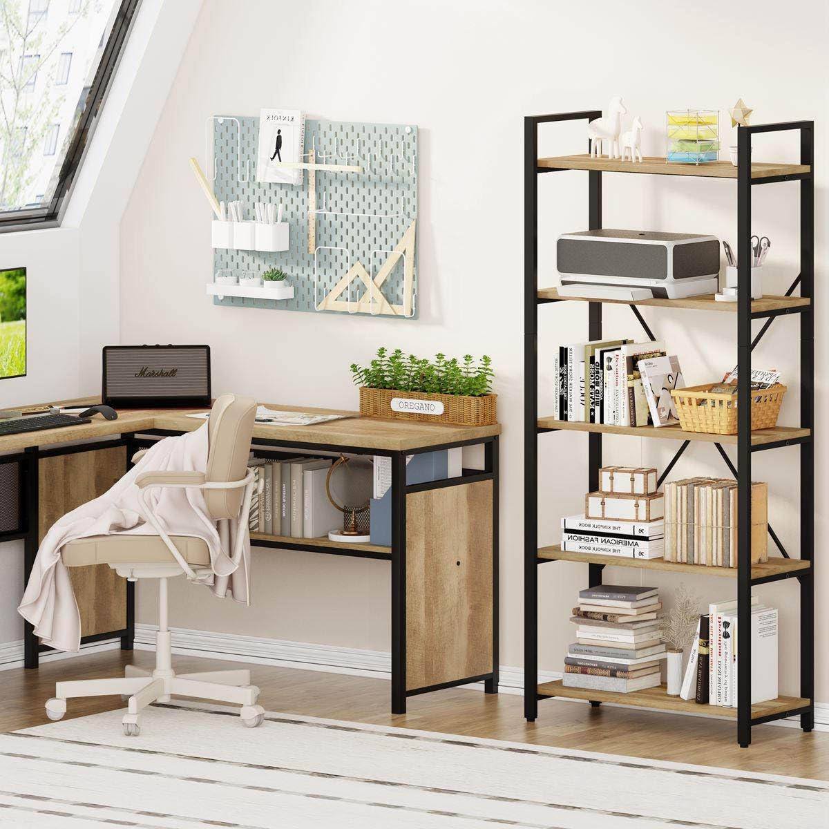 5 Tier Bookshelf, Industrial Wood and Metal Book Shelves for Display, Tall Et...