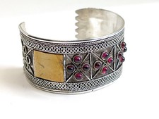 Vtg Handmade Artisan Indonesia Bali Sterling Silver Brass Amethyst Cuff Bracelet