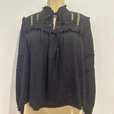 Black Blouse Sz M H&M Divided Ruffle Long Sleeves Lace HM