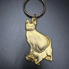 Cat + Kitten Keychain Vintage Goldtone Metal Mom Kitty Playing w/String Keyring