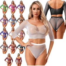 Womens See Through Fishnet Lingerie Set Short Sleeve Crop Top & Briefs Babydoll