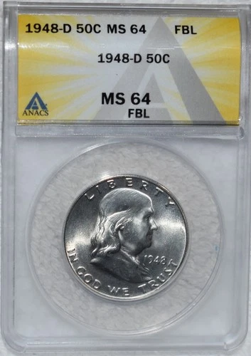 1948-D  Franklin Half Dollar  ANACS  MS 64 FBL   50c  90% Silver
