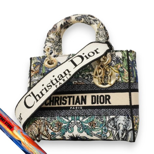 Christian Dior Lady Dior Canvas Handbag White Multicolor 2Way Gold Hardware