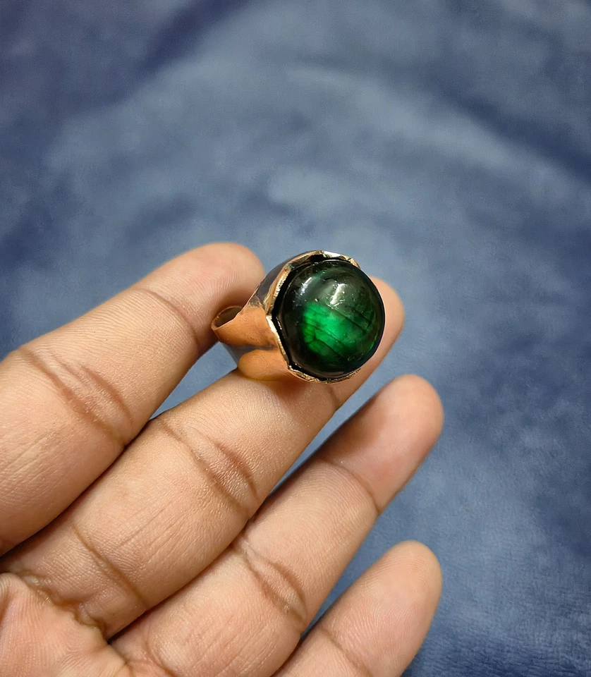 Anel de cobre puro labradorita verde feito à mão ajustável anel de pedra preciosa joia - Imagem 3 de 4