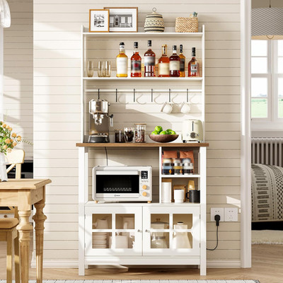 Farmhouse Bakers Rack with Power Outlets and Storage, Coffee Bar Cabinet with St