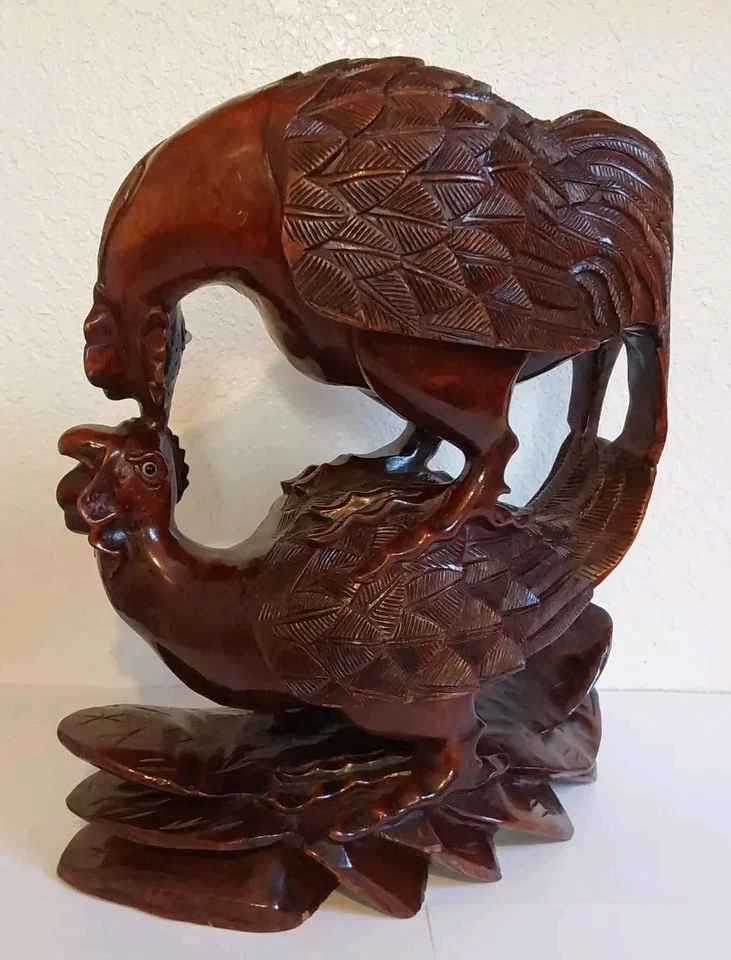 Antique Chinese Rosewood Carved Fighting Signed Roosters -Glass Eyes 11.5 X 9.5 - Image 4 of 4