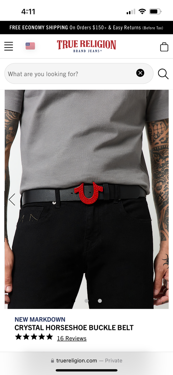 True Religion Mens Crystal Horseshoe Buckle Belt Black/Red Size 32