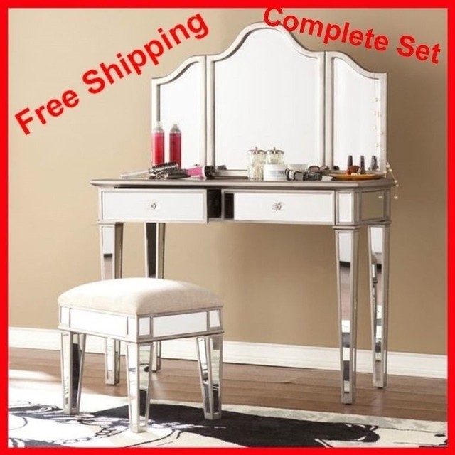 White Desk Vanity Set Tables With Mirror Mirrored Stool Console Bed White Desk Vanity Set Tables With Mirror Mirrored Stool Console Bed Room Silver