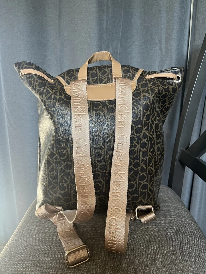 Calvin Klein Dark Brown Monogram Leather Adjustable Strap Outer Pocket Backpack - Image 2 of 4