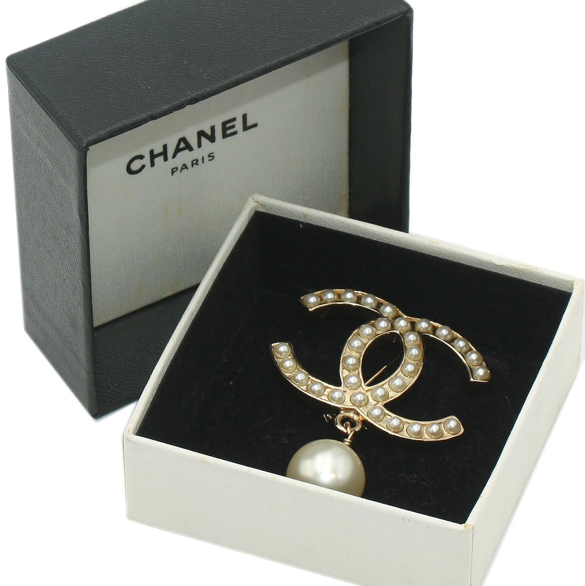 CHANEL Gold-tone Coco Mark Logo Faux Pearls Pin Brooch D10V Excellent A2947