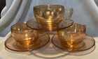 Vtg Jeanette Glass Tea Cups & Saucers Marigold Iridescent Carnival Glass 3 Set
