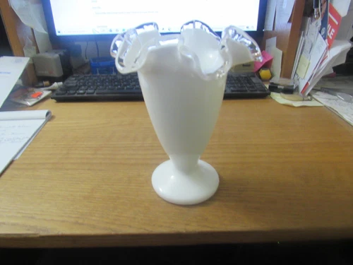 Fenton Silver Crest Milk Glass Double Ruffle Trumpet Vase 6.5"