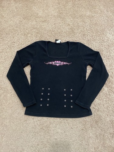 Vintage Y2K Harley Davidson Pink Flame along Sleeve Shirt Size Small
